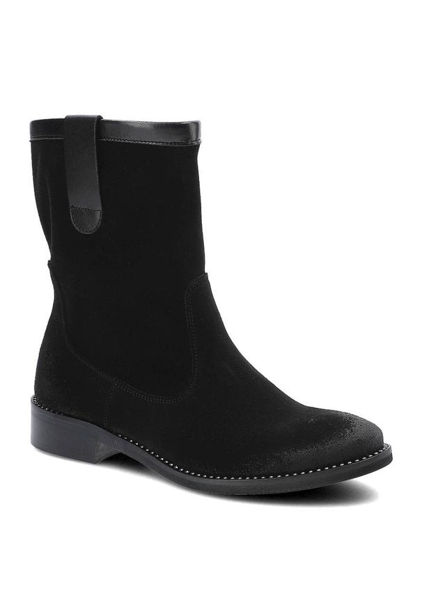 Czarne Botki Dwunasty Shoes Damskie Stylowe Buty. Okazja: na co dzień. Kolor: czarny. Materiał: zamsz, skóra. Szerokość cholewki: normalna. Obcas: na obcasie. Styl: elegancki. Wysokość obcasa: niski