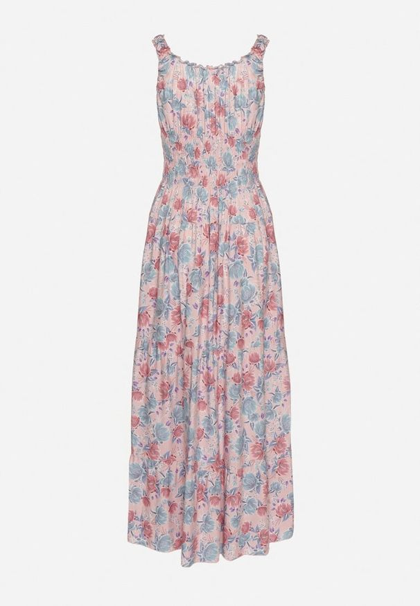 Born2be - Jasnoróżowa Rozkloszowana Sukienka Bawełniana w Kwiatowy Print z Guzikami Jamallia. Okazja: na co dzień. Kolor: różowy. Materiał: bawełna. Wzór: nadruk, kwiaty. Typ sukienki: proste. Styl: casual, klasyczny