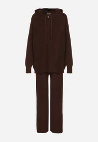 Born2be - Brązowy Komplet z Wełną i Bawełną Szerokie Spodnie i Rozpinana Bluzka z Kapturem Reikania. Kolor: brązowy. Materiał: wełna, bawełna #7