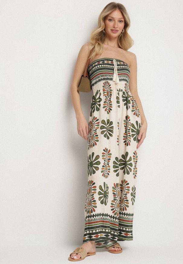 Born2be - Zielono-Kremowy Kombinezon Bez Rękawów z Szeroką Nogawką w Ornamentalny Wzór Mirionia. Okazja: na imprezę, na co dzień. Kolor: zielony. Długość rękawa: bez rękawów. Styl: casual, elegancki