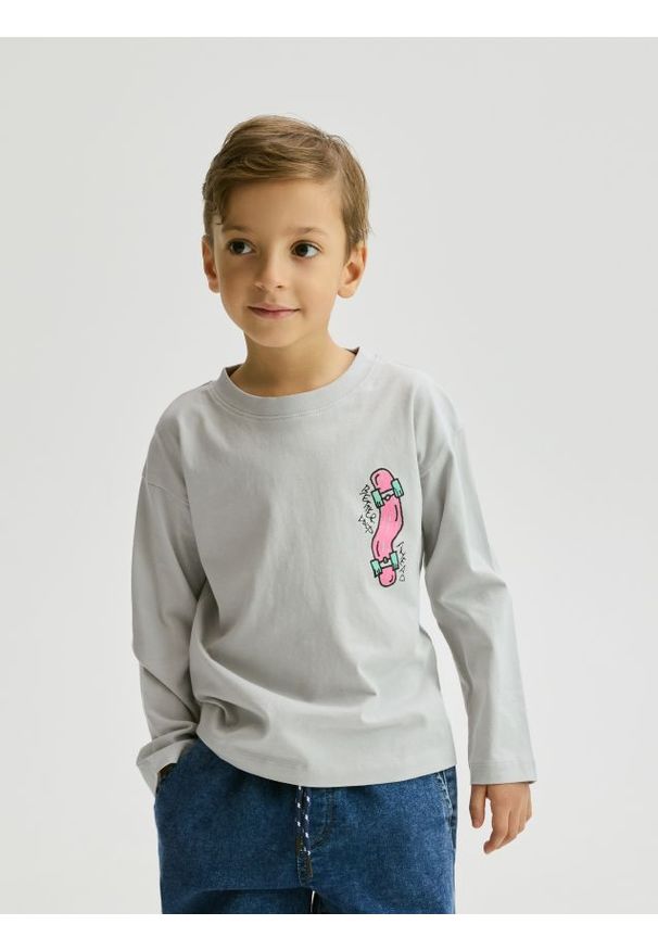 Reserved - Longsleeve z nadrukiem - jasnoszary. Kolor: szary. Materiał: dzianina, bawełna. Długość rękawa: długi rękaw. Wzór: nadruk