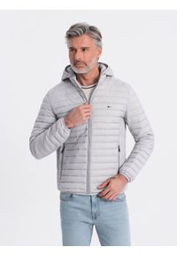 Ombre Clothing - Kurtka męska pikowana pakowana w worek - szara V2 - Rozmiar: L. Typ kołnierza: kołnierzyk stójkowy. Kolor: szary. Materiał: poliester, materiał, nylon