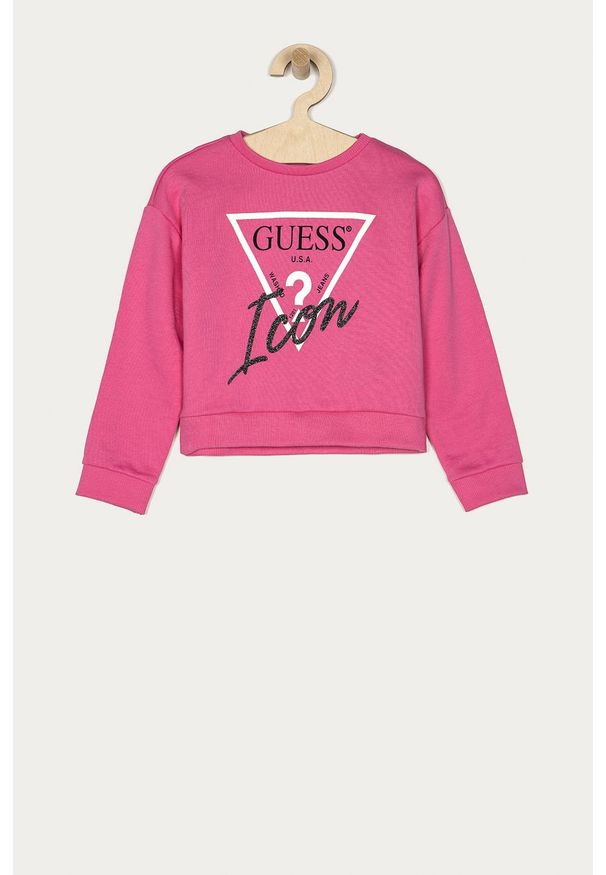 Guess - Bluza bawełniana dziecięca 92-122 cm. Okazja: na co dzień. Kolor: różowy. Materiał: bawełna. Wzór: nadruk. Styl: casual