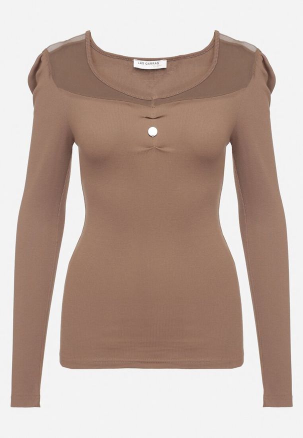 Born2be - Brązowa Bawełniana Bluzka z Prążkowanego Materiału z Metaliczną Aplikacją Esaloren. Kolor: brązowy. Materiał: materiał, prążkowany, bawełna. Wzór: aplikacja. Styl: klasyczny