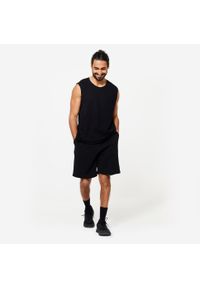 DOMYOS - Koszulka bez rękawów męska Domyos Gym & Pilates 500. Kolor: czarny. Materiał: materiał, prążkowany, bawełna, tkanina, elastan. Długość rękawa: bez rękawów. Wzór: ze splotem. Styl: sportowy, klasyczny