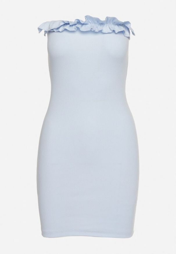 Born2be - Niebieska Dopasowana Sukienka Bandeau Prążkowana bez Ramiączek z Falbanką przy Dekolcie Vikorry. Okazja: na co dzień. Kolor: niebieski. Materiał: prążkowany. Długość rękawa: bez ramiączek. Sezon: lato, wiosna. Typ sukienki: proste. Styl: casual