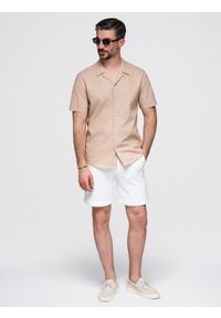 Ombre Clothing - Męska koszula z krótkim rękawem i kubańskim kołnierzem - jasnobrązowa V6 - Rozmiar: M. Okazja: na co dzień. Kolor: brązowy. Materiał: tkanina, bawełna. Długość rękawa: krótki rękaw. Długość: krótkie. Wzór: gładki. Sezon: lato. Styl: casual, klasyczny #1
