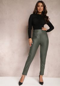 Renee - Ciemnozielone Spodnie Standard z Imitacji Skóry Tamran. Kolor: zielony. Materiał: skóra ekologiczna