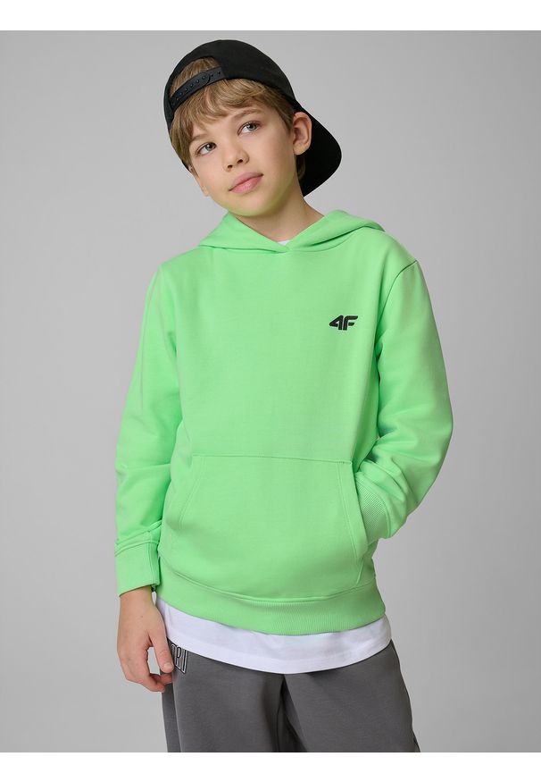 4f - 4F Bluza dresowa regular z kapturem chłopięca - zielona 128 (7-8 lat). Okazja: na spacer, na co dzień, na uczelnię. Typ kołnierza: kaptur. Kolor: zielony. Materiał: dresówka. Sezon: lato. Styl: casual