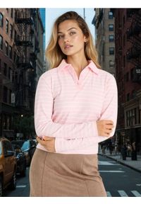 Sinsay - Bawełniana koszulka polo w paski - różowy. Typ kołnierza: polo. Kolor: różowy. Materiał: bawełna. Wzór: paski