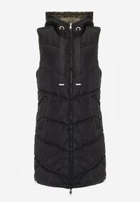 Renee - Czarna Długa Kamizelka Pikowana Dwustronna ze Sznurkami przy Kapturze Frenila. Okazja: na spacer. Kolor: czarny. Materiał: jeans, materiał. Długość: długie #4