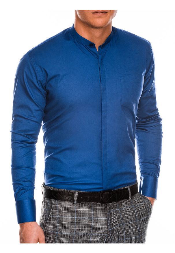 Niebieska koszula Ombre Clothing w jednolite wzory, z długim rękawem, ze stójką
