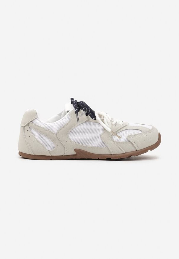 Renee - Beżowo-Szare Sneakersy z Kontrastującymi Sznurówkami i Przeszyciami Nanlita. Kolor: beżowy. Materiał: jeans. Obcas: na obcasie. Wysokość obcasa: niski