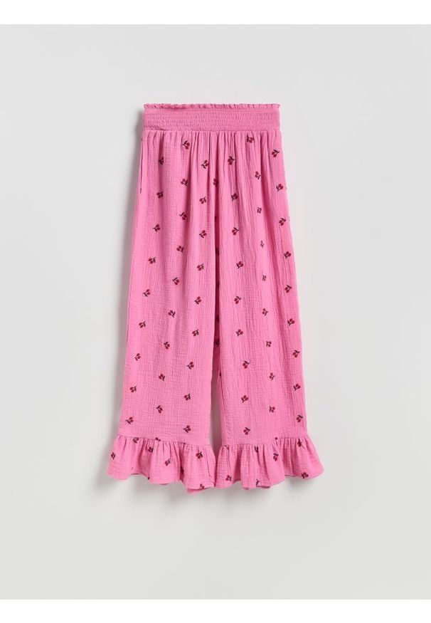Reserved - Luźne spodnie z falbankami - różowy. Kolor: różowy. Materiał: bawełna