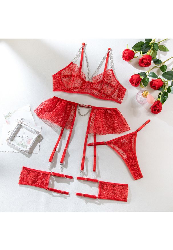 Intica - Zestaw bielizny koronkowej czteroczęściowy Margarida. Kolor: czerwony. Materiał: koronka