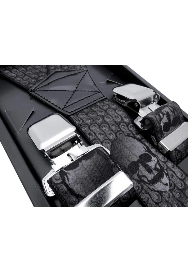 Modini - Ciemne szelki do spodni - czaszki na tle łańcucha SZ125. Materiał: skóra, guma