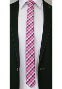 Alties - Różowy Stylowy Krawat (Śledź) w Kratkę -ALTIES- 5 cm, Wąski, Męski. Kolor: różowy. Materiał: tkanina. Wzór: kratka. Styl: elegancki #2