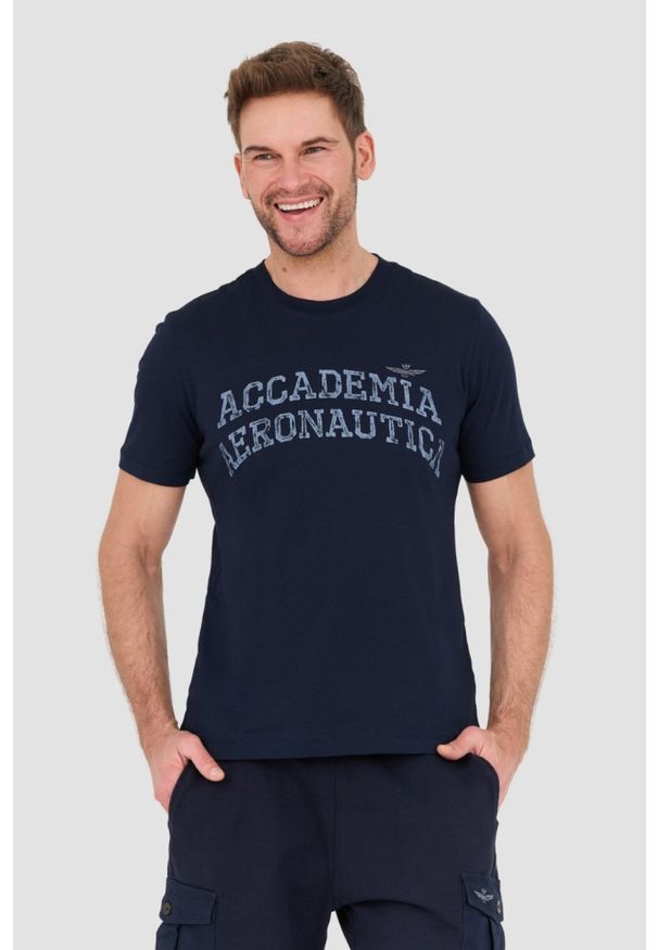 Aeronautica Militare - AERONAUTICA MILITARE Granatowy bawełniany męski t-shirt M.C., Rozmiar S. Kolor: niebieski. Materiał: bawełna
