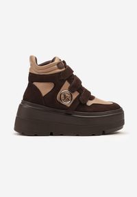 Born2be - Beżowo-Brązowe Botki Vices w Stylu Sneakersów na Platformie Afirriva. Okazja: na co dzień. Zapięcie: rzepy. Kolor: beżowy. Materiał: jeans. Wzór: aplikacja. Obcas: na platformie. Styl: retro, casual, klasyczny. Wysokość obcasa: średni #4
