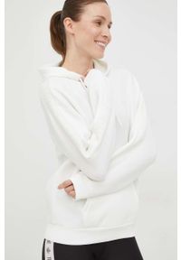 Guess bluza damska kolor biały z kapturem z aplikacją. Typ kołnierza: kaptur. Kolor: biały. Materiał: materiał, dzianina, wiskoza. Wzór: aplikacja
