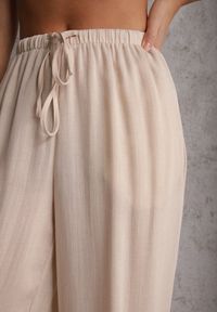 Renee - Beżowe Spodnie Wide Leg High Waist z Wiskozy Terilinae. Okazja: na co dzień. Stan: podwyższony. Kolor: beżowy. Materiał: wiskoza. Wzór: haft. Styl: casual #4