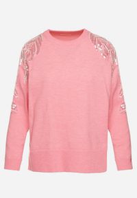 Born2be - Różowy Sweter z Dodatkiem Modalu i Wiskozy z Perłami i Cekinami na Ramionach Ivenise. Kolor: różowy. Materiał: wiskoza. Sezon: zima #4