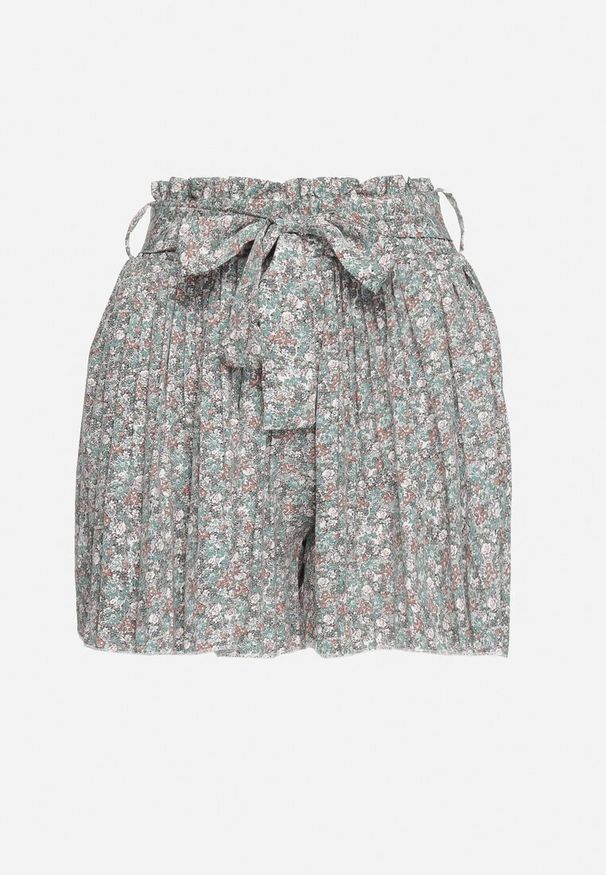 Born2be - Zielone Szerokie Szorty Plisowane z Wysokim Stanem z Gumką w Pasie i Materiałowym Paskiem Cersefia. Okazja: na co dzień. Stan: podwyższony. Kolor: zielony. Materiał: materiał. Wzór: jednolity. Styl: casual, elegancki