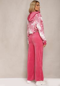 Renee - Różowy Komplet Dresowy Welurowy Bluza z Kapturem i Florystycznym Printem oraz Szerokie Luźne Spodnie Raiantise. Kolor: różowy. Materiał: dresówka, welur. Wzór: nadruk #3