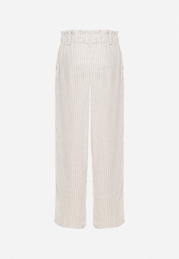 Born2be - Jasnobeżowe Spodnie w Drobne Paski o Prostych Nogawkach Ariallo. Okazja: na spacer. Kolor: beżowy. Materiał: tkanina. Wzór: paski. Sezon: lato