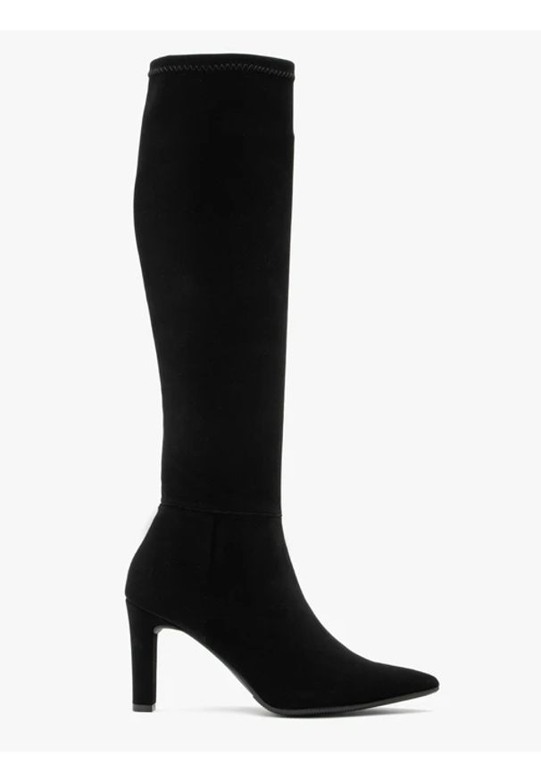 Ryłko - Elastyczne kozaki damskie na szpilce. Zapięcie: zamek. Kolor: czarny. Materiał: syntetyk. Szerokość cholewki: normalna. Obcas: na szpilce. Styl: street