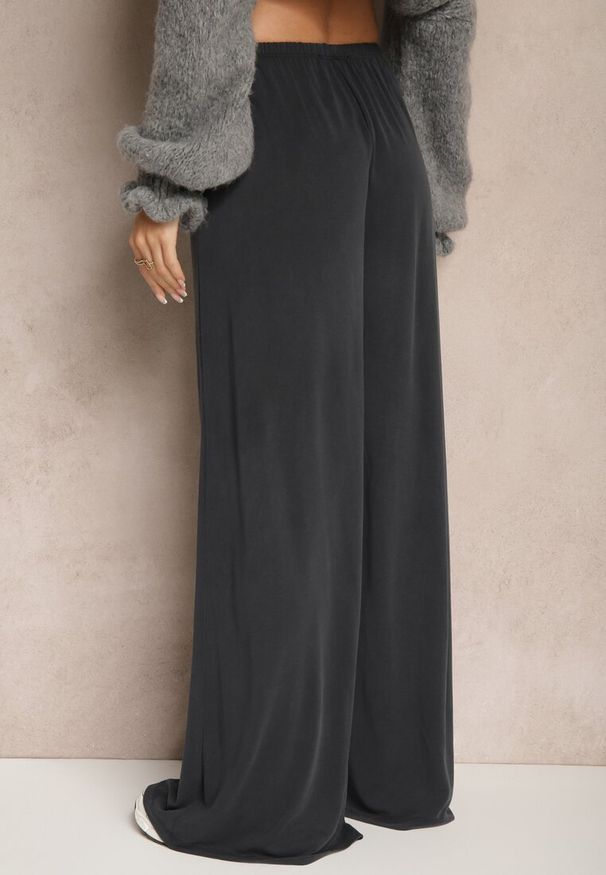Renee - Granatowe Szerokie Spodnie High Waist z Gumką w Talii Dimoris. Okazja: na co dzień. Stan: podwyższony. Kolor: niebieski. Styl: elegancki, casual