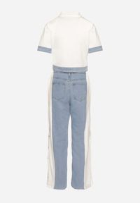 Born2be - Biało-Niebieski Komplet T-shirt z Zapięciem na Suwak i Spodnie z Rozpinanymi Nogawkami Atariela. Kolor: biały. Materiał: jeans