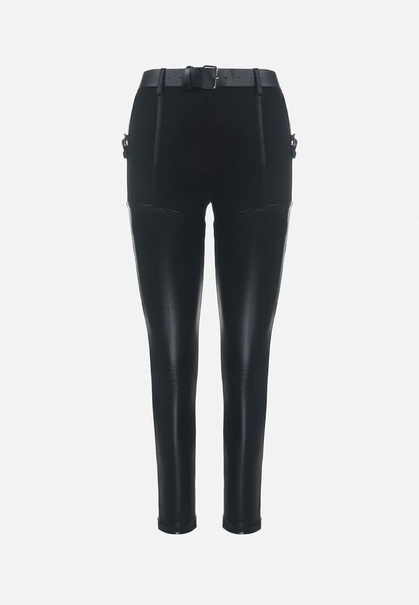 Born2be - Czarne Spodnie Skinny z Ekoskóry i Paskiem Elenntisa. Kolor: czarny. Materiał: tkanina, dzianina