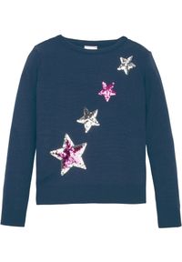 bonprix - Sweter z dzianiny o splocie drobnych oczek, z cekinami. Kolor: niebieski. Materiał: dzianina. Długość rękawa: długi rękaw. Długość: długie. Wzór: ze splotem #1