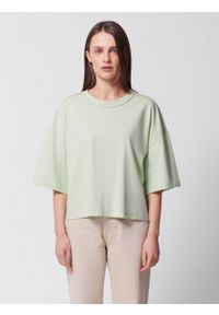 outhorn - T-shirt o kroju boxy gładki damski - zielony. Kolor: zielony. Materiał: materiał, bawełna, dzianina. Długość rękawa: krótki rękaw. Wzór: gładki #3