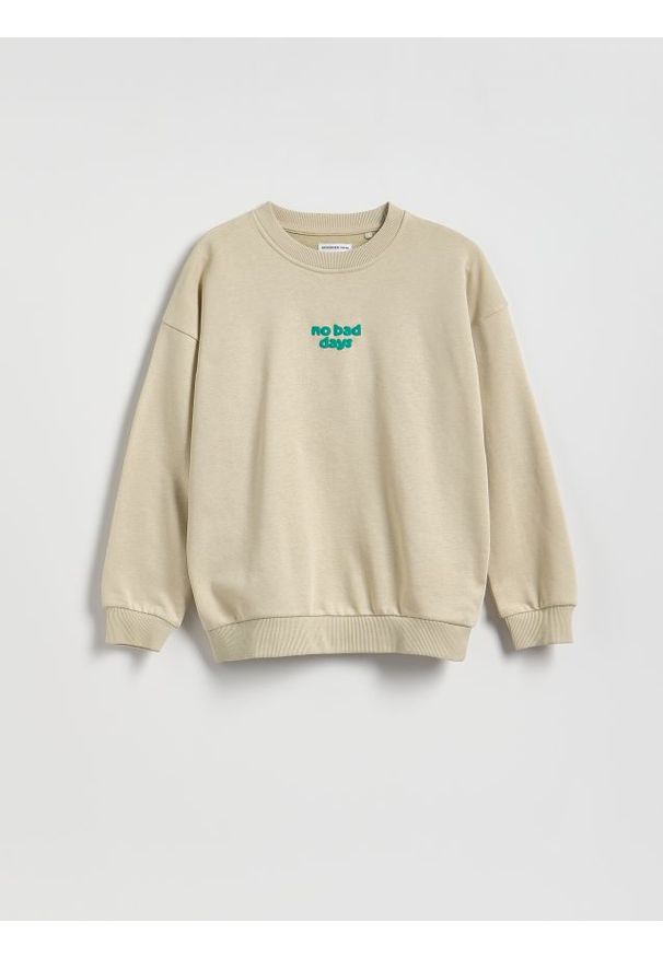 Reserved - Bluza oversize - beżowy. Kolor: beżowy. Materiał: dzianina, bawełna