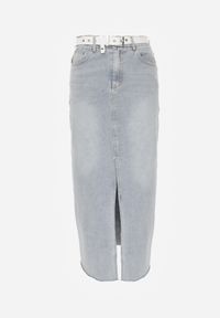 Renee - Jasnoniebieska Spódnica Jeansowa o Ołówkowym Kroju Zdobiona Rozcięciem Lisovira. Okazja: na spacer. Kolor: niebieski. Materiał: jeans. Wzór: aplikacja. Styl: klasyczny, elegancki #8