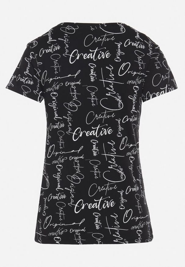 Born2be - Czarny T-shirt z Bawełny Zdobiony Nadrukiem z Napisami Mirindela. Okazja: na co dzień. Kolor: czarny. Materiał: bawełna. Wzór: aplikacja, nadruk, napisy. Styl: klasyczny, elegancki, casual