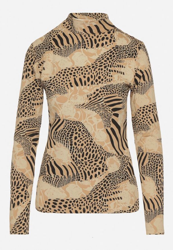 Born2be - Beżowo-Czarna Bawełniana Bluzka w Panterkę z Półgolfem i Długim Rękawem Unilae. Okazja: na co dzień. Kolor: beżowy. Materiał: bawełna. Długość rękawa: długi rękaw. Długość: długie. Wzór: motyw zwierzęcy. Styl: casual