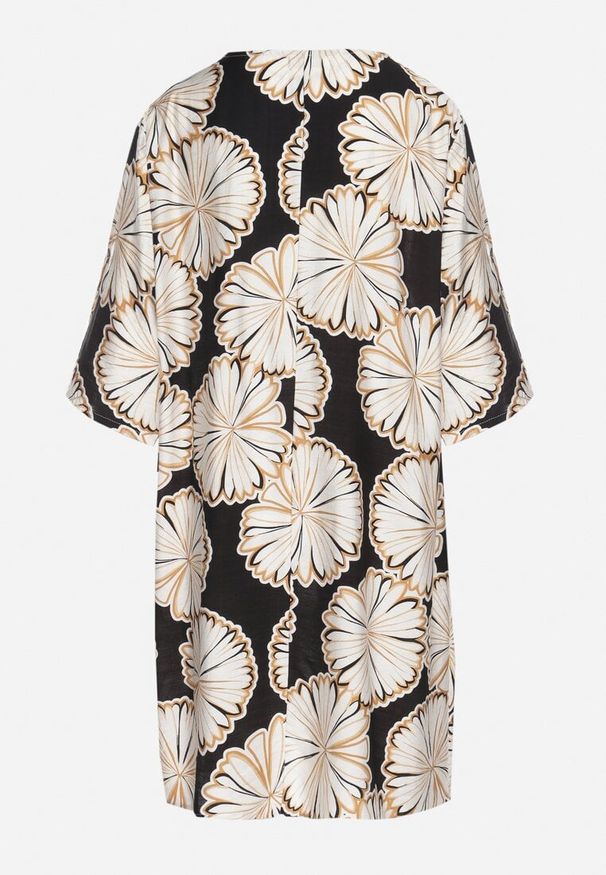 Born2be - Czarna Pudełkowa Sukienka z Lnem i Wiskozą w Kwiaty Rinosea. Okazja: na co dzień. Kolor: czarny. Materiał: len, wiskoza. Wzór: kwiaty. Styl: casual, klasyczny