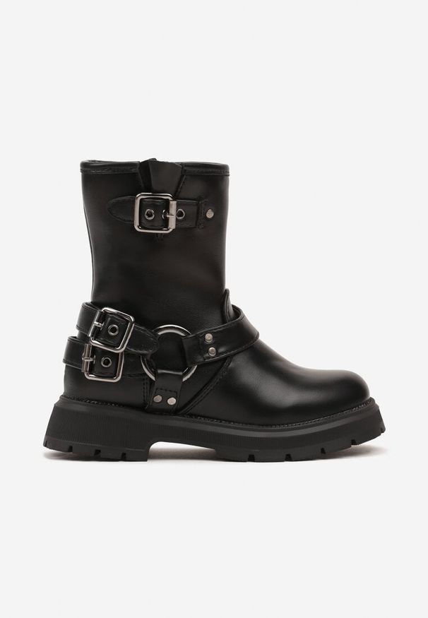 Born2be - Czarne Botki w Motocyklowym Stylu Zdobione Klamrami Miaeska. Okazja: na uczelnię, na co dzień. Zapięcie: klamry. Kolor: czarny. Materiał: jeans. Szerokość cholewki: normalna. Wzór: aplikacja. Styl: młodzieżowy, casual, elegancki