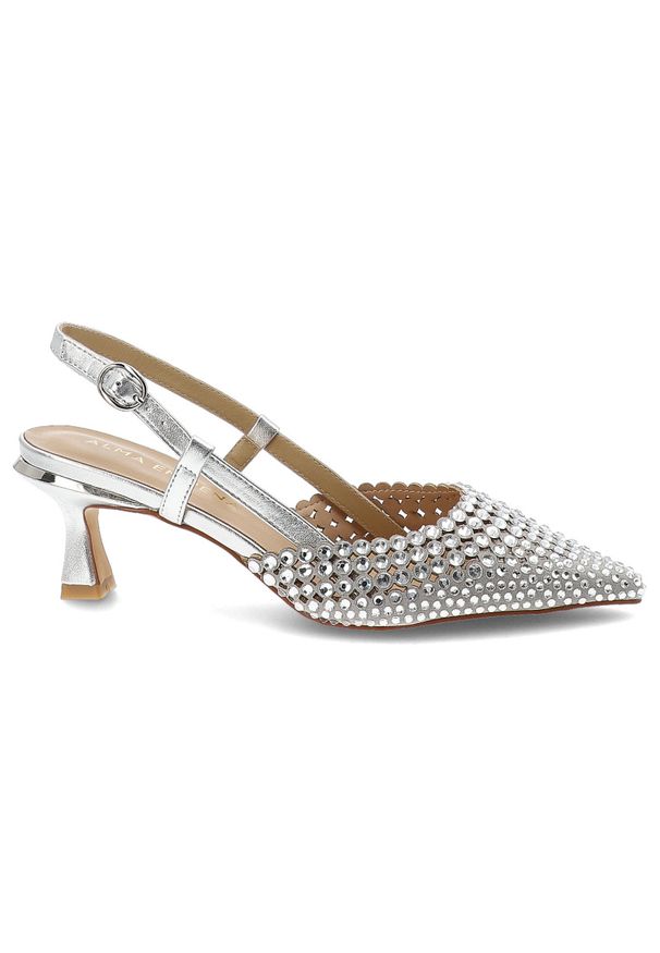 Czółenka damskie Alma En Pena, skóra naturalna ażurowa cholewka ozdobne kryształki pasek z regulacją smukły nosek elegancki obcas, srebrne, V261855. Okazja: na wesele, na ślub cywilny, na imprezę. Zapięcie: pasek. Kolor: srebrny. Szerokość cholewki: normalna. Wzór: ażurowy. Materiał: skóra. Obcas: na obcasie. Styl: elegancki. Wysokość obcasa: średni