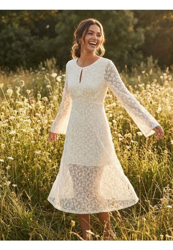 Sinsay - Sukienka maxi z koronkowej dzianiny i z rozszerzanym rękawem - kremowy. Kolor: kremowy. Materiał: koronka, dzianina. Długość: maxi