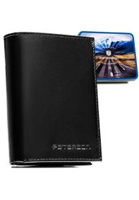 Elegancki portfel męski ze skóry naturalnej w czarnym kolorze w zestawie z brelokiem - Peterson. Kolor: czarny. Materiał: skóra #1