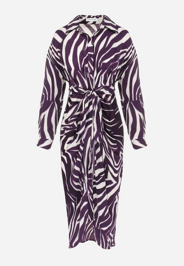 Born2be - Ciemnofioletowa Sukienka Koszulowa w Zebrę Arziki. Okazja: na co dzień. Typ kołnierza: dekolt w serek. Kolor: fioletowy. Długość rękawa: długi rękaw. Wzór: motyw zwierzęcy. Typ sukienki: koszulowe. Styl: casual, klasyczny