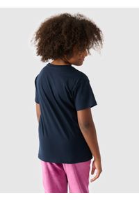 4f - 4F T-shirt oversize z nadrukiem dziewczęcy - granatowy 140 (9-10 lat). Okazja: na co dzień. Kolor: niebieski. Materiał: dzianina, bawełna, jersey. Wzór: nadruk. Sezon: lato. Styl: klasyczny, sportowy, casual