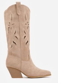 Born2be - Ciemnobeżowe Kozaki Kowbojki na Stożkowym Obcasie z Ażurową Cholewką Tidanna. Okazja: na co dzień, na randkę. Kolor: beżowy. Szerokość cholewki: normalna. Wzór: ażurowy. Materiał: zamsz, jeans. Sezon: lato. Obcas: na obcasie. Styl: casual, klasyczny. Wysokość obcasa: średni #9
