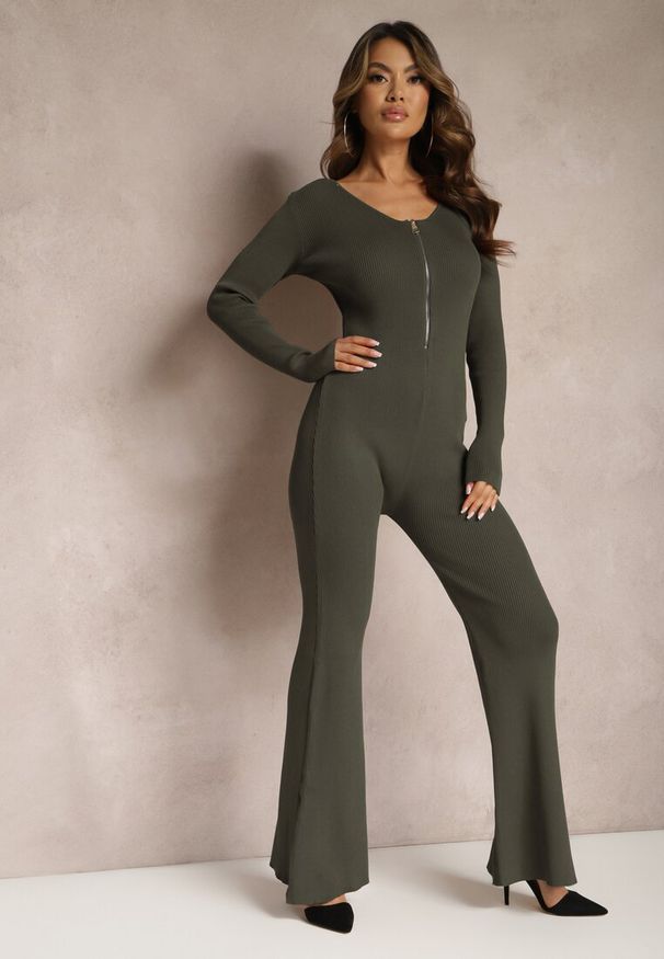 Renee - Ciemnozielony Kombinezon Bodycon z Prążkowanej Wiskozy ze Spodniami Typu Dzwony i Suwakiem Lavirna. Kolor: zielony. Materiał: wiskoza, prążkowany. Styl: elegancki
