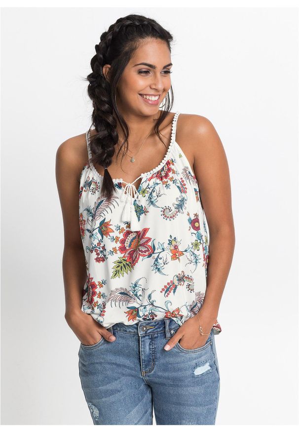 bonprix - Top na cienkich ramiączkach. Kolor: biały. Materiał: koronka. Długość rękawa: na ramiączkach. Wzór: aplikacja, koronka, kwiaty