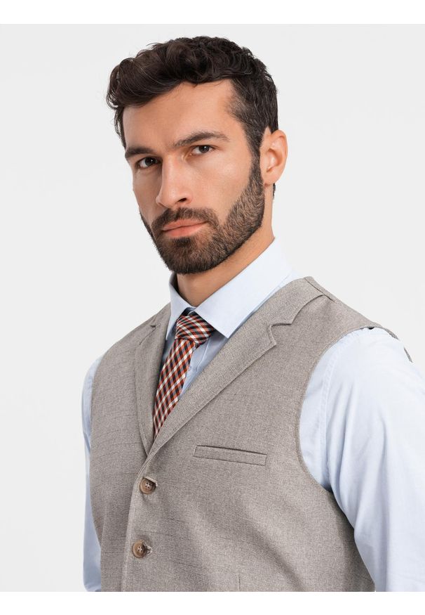 Ombre Clothing - Kamizelka męska garniturowa z kołnierzem - beżowa V3 OM-BLZV-0109 - XXL. Kolor: beżowy. Materiał: poliester